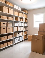 Organized storage room with shelves full of cardboard boxes and additional boxes stacked on the floor