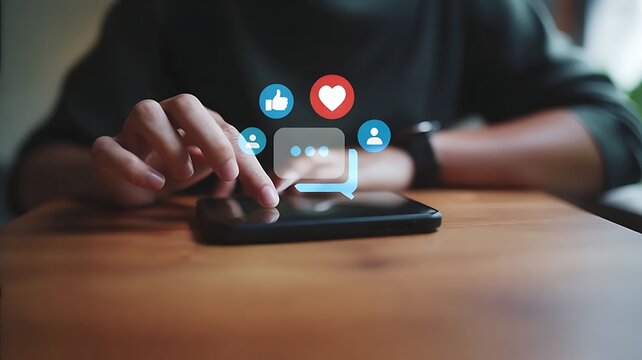 Person using a smartphone with social media icons and a shield symbol floating above the screen representing online safety and security - Powered by Adobe