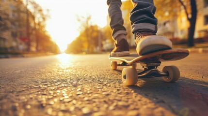 A skateboarder's feet on a skateboard, moving along a street with trees and buildings in the background.