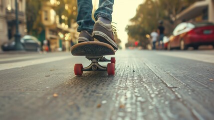 A skateboarder's feet on a skateboard on a city street, with buildings and cars in the background.