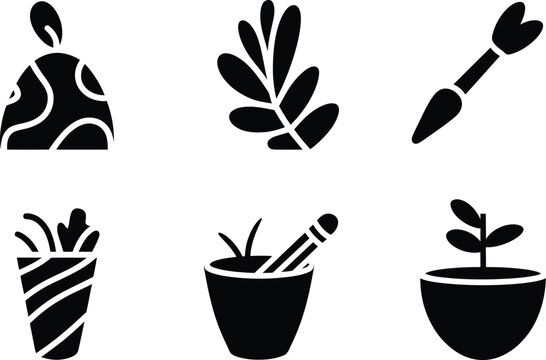 Collection of simple black and white icons representing gardening and plants