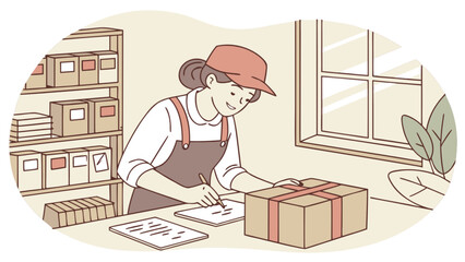 Woman managing small business package delivery order fulfillment and shipping logistics process online store