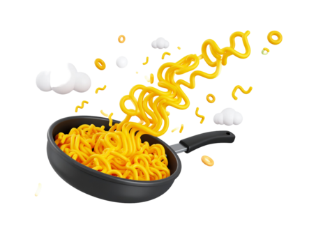 Noodles rising from pan. Clouds, circles fly around. For food ad, cooking tutorial