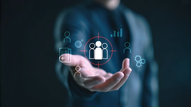 Businessman holding a glowing holographic interface displaying a group of people icon and business analytics data