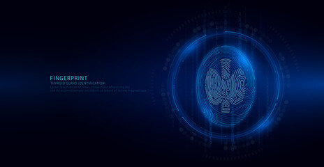 Thyroid gland symbol in fingerprint glowing on binary code background. Biometrics identification and approval. Medical digital technology. Security system data protection. Banner vector EPS10.