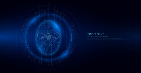 Uterus symbol in fingerprint glowing on binary code background. Biometrics identification and approval. Medical digital technology. Security system data protection. Banner vector EPS10.