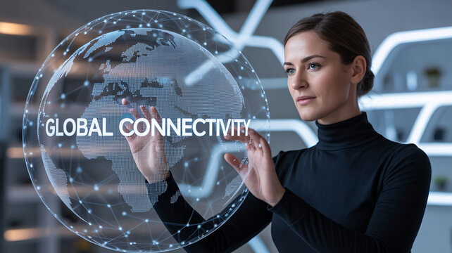 Woman Interacting with Futuristic Global Connectivity Hologram Interface image photo - Powered by Adobe