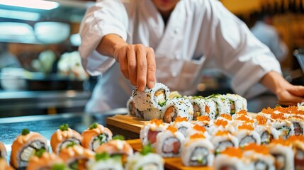 A sushi chef preparing sushi rolls in a sushi bar.