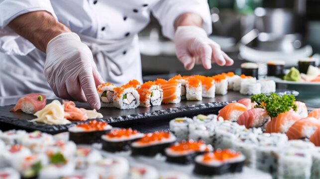 A sushi chef in a white uniform preparing a sushi platter with various types of sushi rolls and sashimi in a professional kitchen.