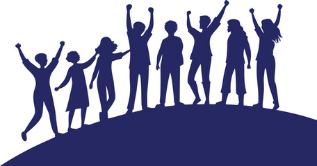 Group of diverse people celebrating victory on transparent background isolated on transparent background