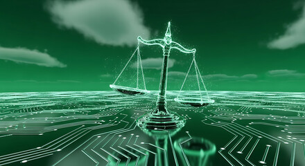 Digital scales of justice symbolizing technology and law in a futuristic green circuit board landscape