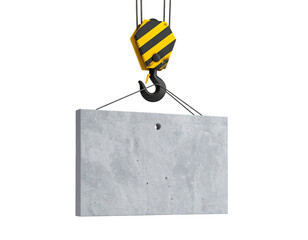 Concrete slab lifted by crane hook. Concept industrial construction