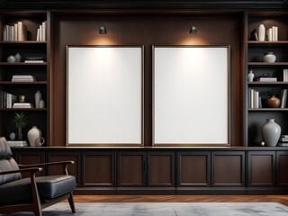 Library Interior with Two Blank Mockup Frames on Dark Wood Bookshelves Wall