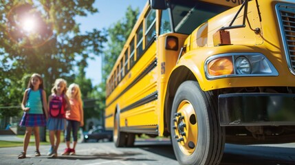 Three children standing next to a yellow school bus on a sunny day.