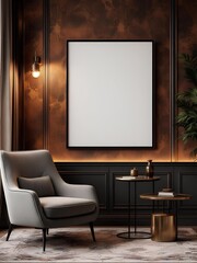 living room interior with blank picture frame, armchair, and dark wood pan