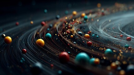 Colorful objects with motion trails orbit in a dark space, creating a dynamic and vibrant pattern of movement and light.