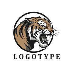 Stylized tiger head snarls within a circular frame, its sharp fangs and intense gaze radiating raw power and ferocity.