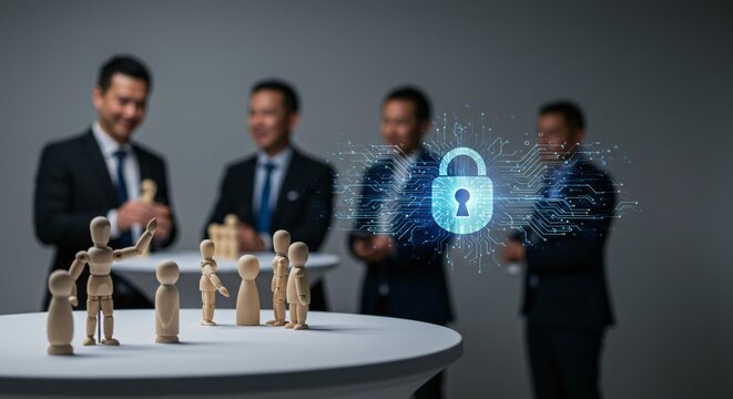 Corporate executives in a business meeting discussing cybersecurity strategy with a glowing digital padlock hologram for data protection