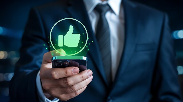 Businessman in a suit holding a smartphone displaying a glowing green thumbs up icon symbolizing positive feedback and approval