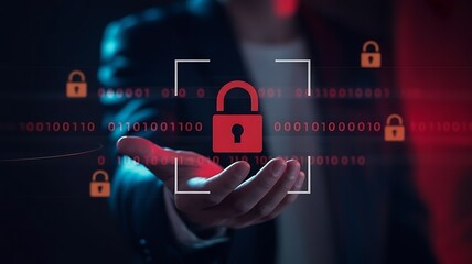 Hand presenting glowing red padlock symbol surrounded by digital data streams and smaller lock icons representing cybersecurity and data protection concept