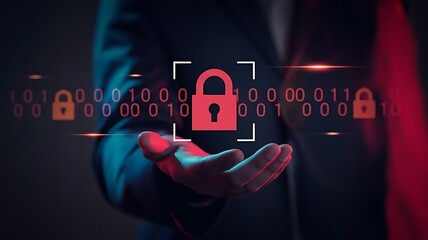 Man s outstretched hand presenting a glowing red digital padlock icon surrounded by binary code and smaller padlocks symbolizing cybersecurity and data protection