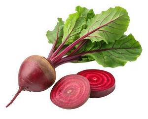 Fresh beetroot with green leaves and slices isolated on transparent background