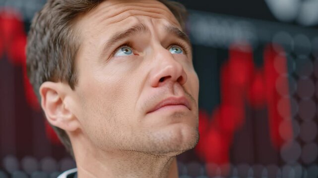 A close-up of a stressed investor intensely staring at a screen displaying red stock market graphs on a market crash day.