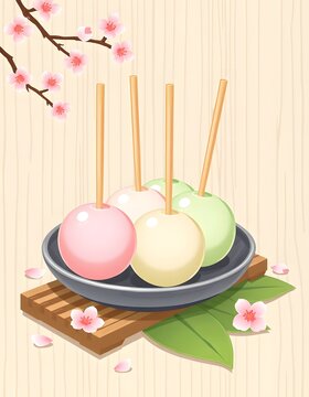 Vector Illustration of Japanese Hanami Dango with Cherry Blossom &ndash; Traditional Sweet Skewers