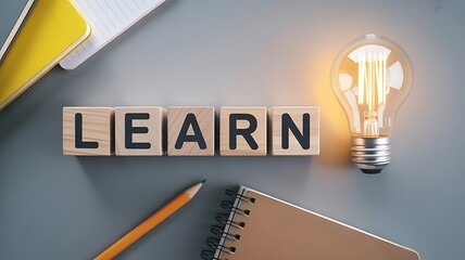 Wooden blocks spelling out the word learn next to a glowing incandescent light bulb symbolizing new ideas and knowledge acquisition