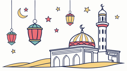 Ramadan kareem islamic background with mosque, crescent moon, stars and lanterns vector illustration