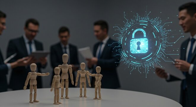 Business leaders in a strategic meeting on cybersecurity, with wooden figures representing staff and a glowing digital padlock for data protection.