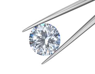 Round diamond gemstone held by tweezers on black background for gem valuation & jewelry design