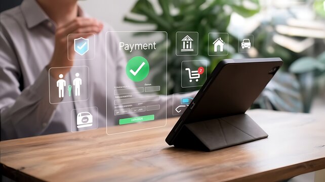 Person interacting with a digital interface displaying travel booking options and icons on a tablet device