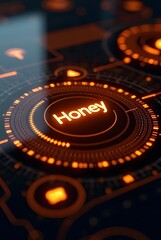 Futuristic orange and black interface design features a glowing Honey label in a circular digital display, vertical composition. Intricate concentric rings and subtle lighting effects.