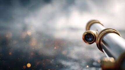Telescope with brass accents looking out over  blurred sparkling water surface under  dramatic sky
