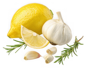 Fresh lemon, garlic bulb, and rosemary sprigs, isolated on transparent background