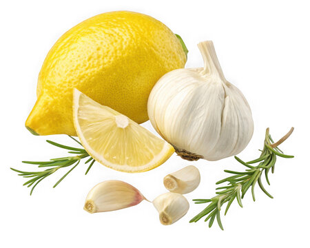 Fresh lemon, garlic bulb, and rosemary sprigs, isolated on transparent background