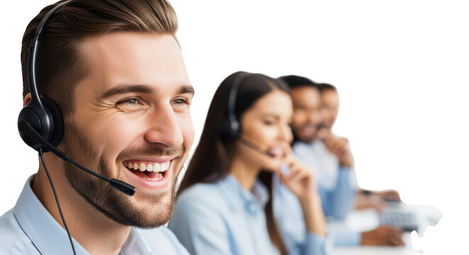 Smiling man with headset in call center isolated on transparent background