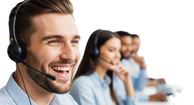 Smiling man with headset in call center isolated on transparent background