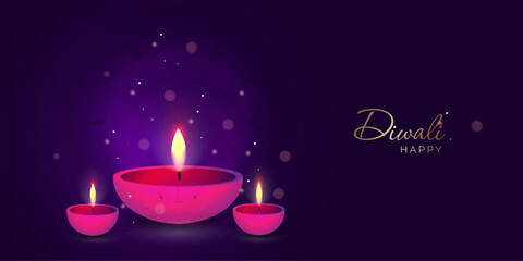 Happy Diwali! Three pink diyas shine on a purple sky. Indian Festival of Lights. Celebratory and elegant, perfect for greetings.