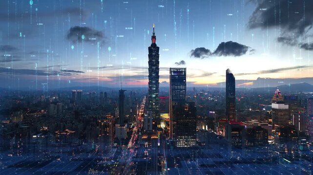 Futuristic network concept, city Technology.Financial charts and data over Taipei. Futuristic city skyline. Big data, artificial intelligence, Internet of Things.