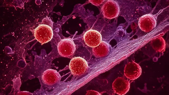 Macro shot of macrophages engulfing erythrocytes under redshifted marrow lighting emphasizing cellular aggression and immune dysregulation in hemophagocytic conditions.