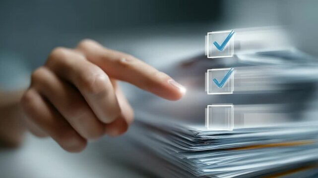A hand is pointing at a stack of papers with three check marks on them. Concept of importance and urgency, as the person is likely trying to make a decision or complete a task