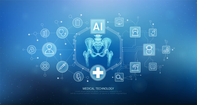 Human pelvis joint translucent with medical network icons on blue background. Artificial intelligence (AI) in health care technology. Innovation in digital health smart medical diagnostics. Vector.