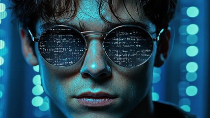 Young hacker wears reflective sunglasses showing digital code in with futuristic style for cybersecurity coding internet technology digital world concept - Powered by Adobe
