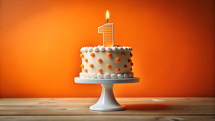 Single Tier Birthday Cake with Orange Dots and Lit Number One Candle celebration first birthday