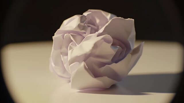 Crumpled White Paper Ball on Cream Surface Under Focused Light with Detailed Texture and Soft Shadows Creates