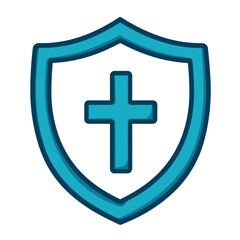 Fototapeta premium Stylized Cyan Shield with Cross Icon Isolated on White Background, Cartoon Style