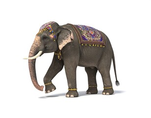 Fototapeta premium Ornate elephant, adorned with jewels and textiles, walks against a white backdrop