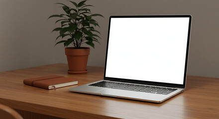 Fototapeta premium Blank Laptop on Modern Wooden Desk Workspace Mockup